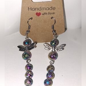 Handcrafted Silver and Rainbow Titanium Beaded Dragonfly Dangle Earrings
